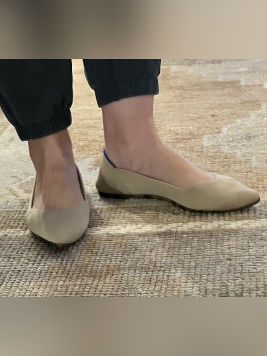 Rothy's Shoes - Rothy's Beige Pointed Ballet Flats with Navy Trim